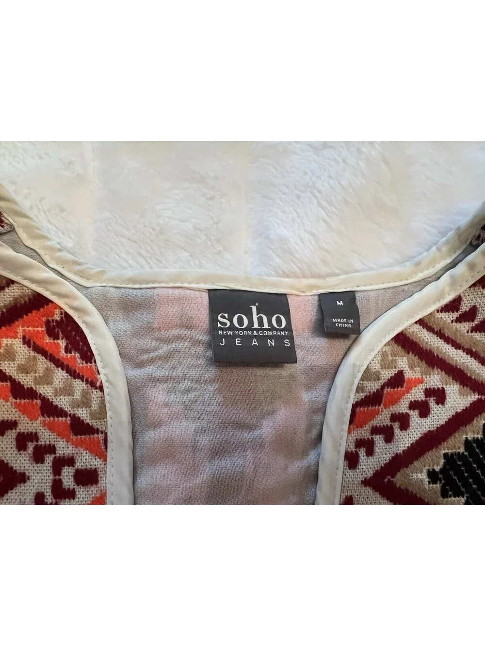 Soho Jeans Womens Medium Brown Orange Aztec Geometric Open Front Short Jacket